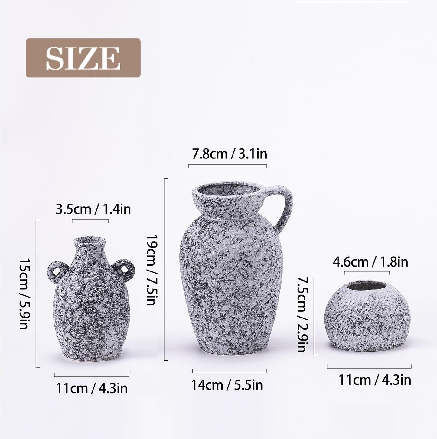 Black Ceramic Modern Rustic Farmhouse Vase Centerpiece / 16 Black & White / Set of 3