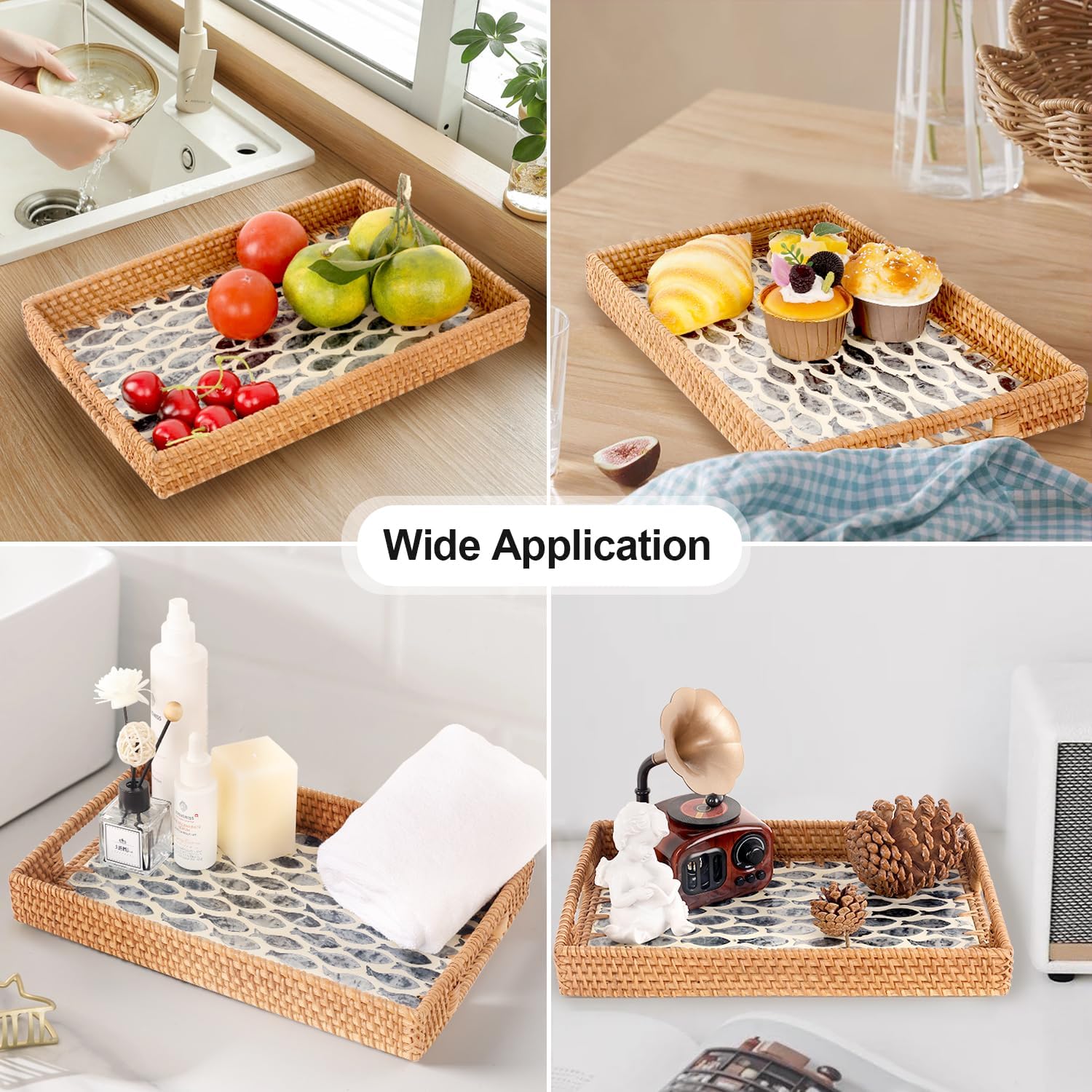 Rattan Serving Tray / Dark Blue Fish