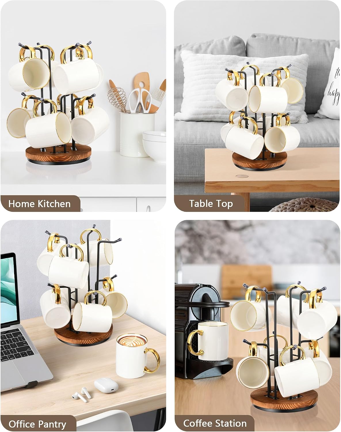 HULISEN 360° Rotating Mug Tree, Coffee Mug Holder for Large Cups, 8 Hooks | Cup Holder for Countertop, Stable Wooden