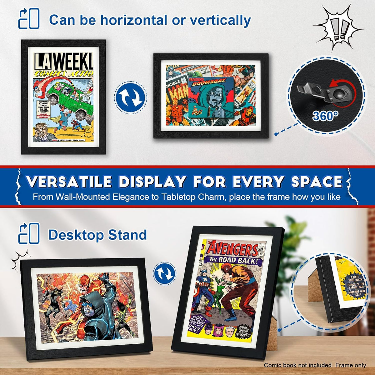 Comic Book Frame, Premium Wood Display Case for 6 11/16" × 10 3/16" Comic, Wall Mount or Tabletop Stand, Layered Design