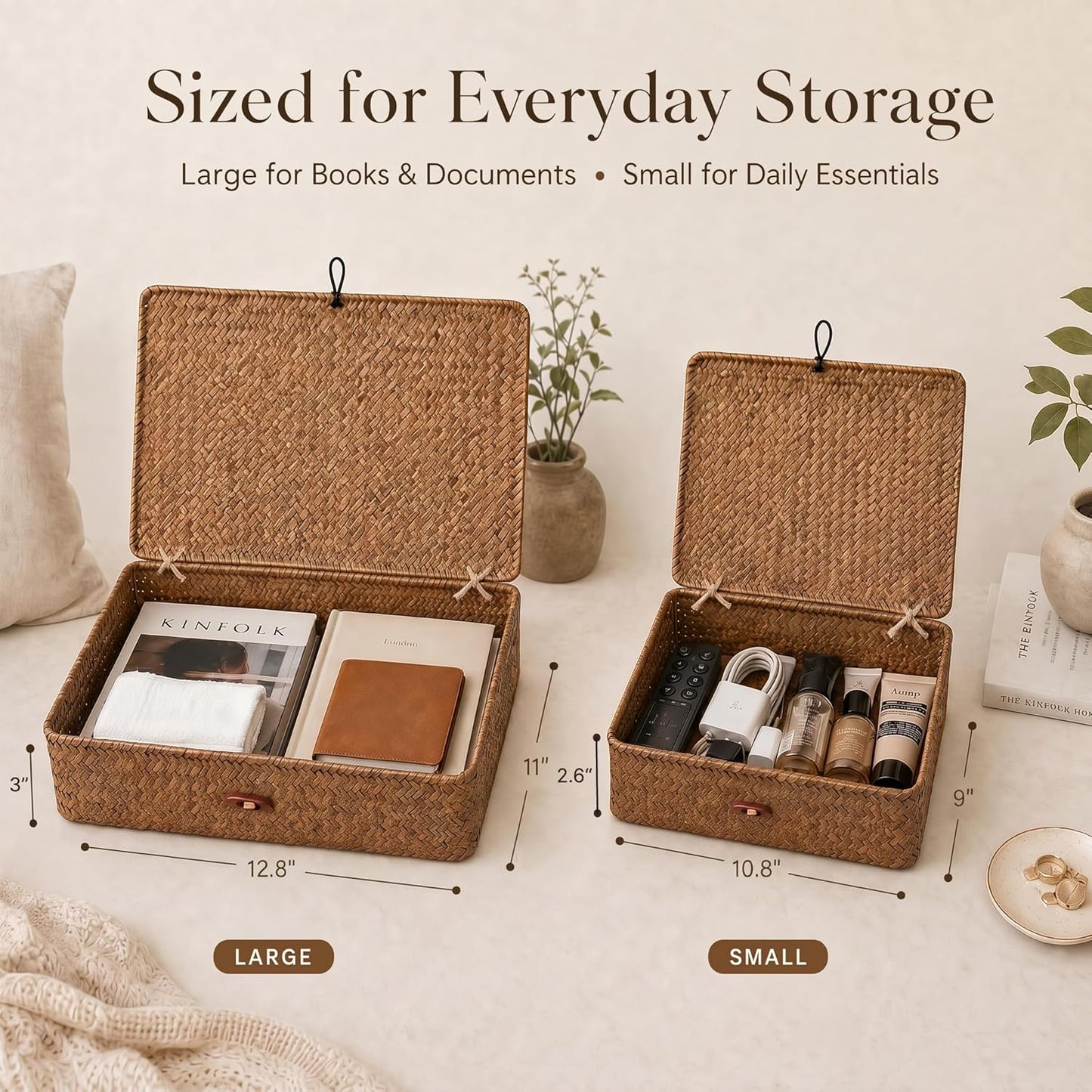 Seagrass Baskets / Wicker Basket Boxes / Coffee / Natural / Set of 2