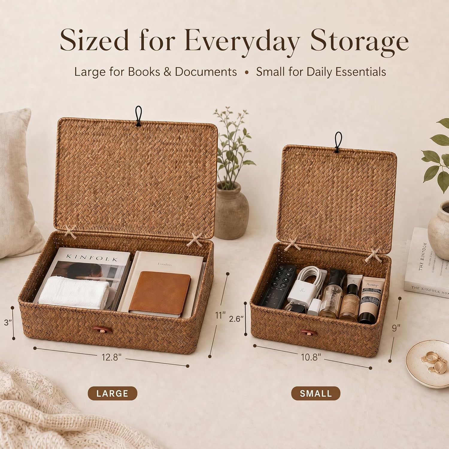 Seagrass Baskets / Wicker Basket Boxes / Coffee / Natural / Set of 2
