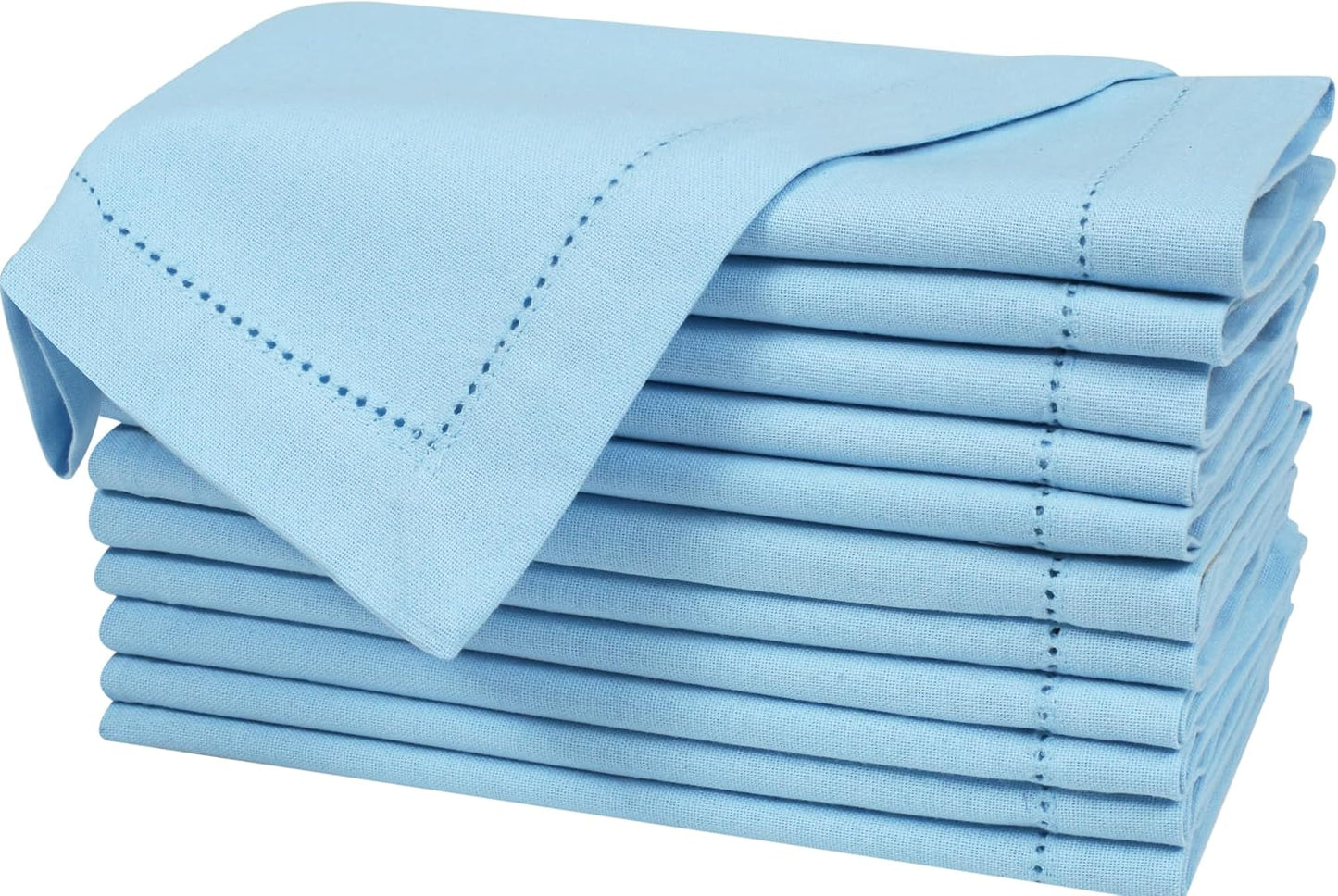 Bedding Craft Cloth Dinner Napkins Set of 12 – 18x18 Airy Blue Linen-Look Hemstitched – Soft Machine Washable Reusable