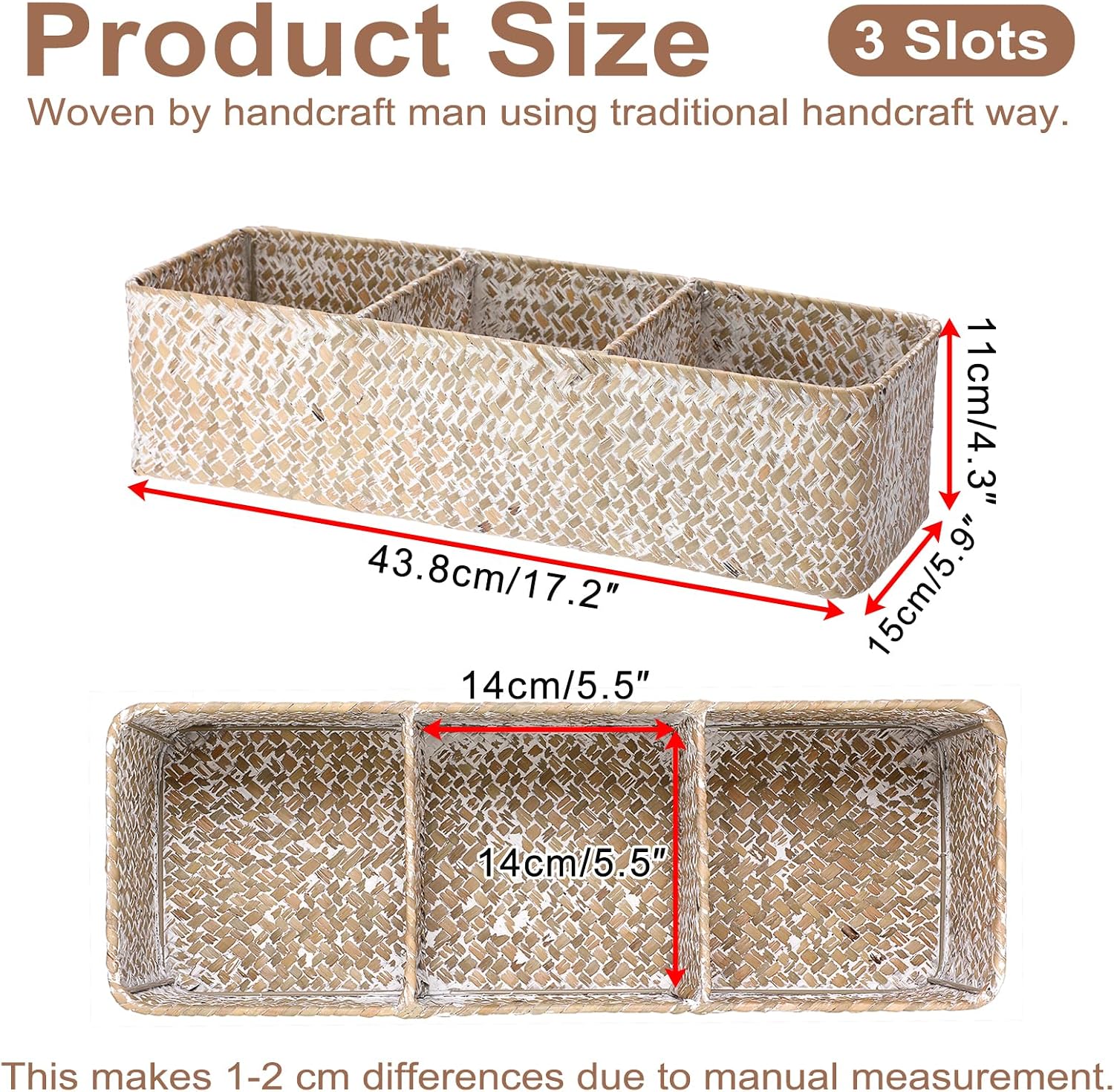 Handwoven Seagrass Storage Basket 3 Sections Toilet Tank Paper Basket Wicker / Large / Whitewash