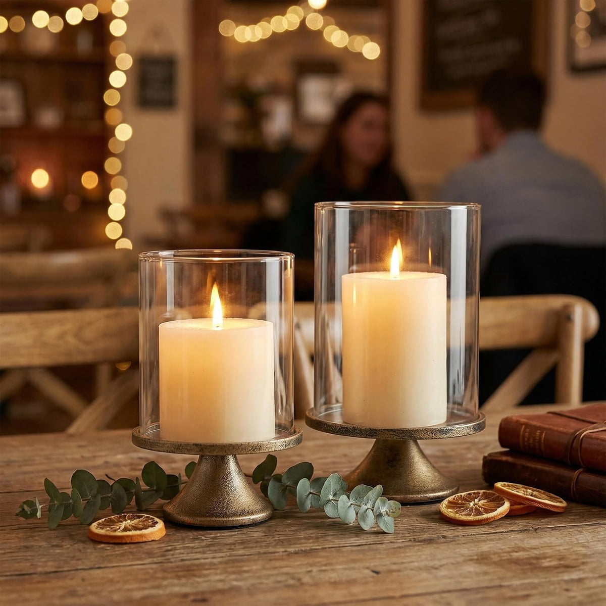Set of 2 Hurricane Candle Holder Set with Glass Dome & Iron Base – Elegant Decorative Pillar Candle Holders for Living