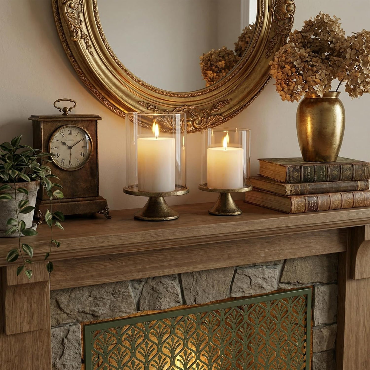 Set of 2 Hurricane Candle Holder Set with Glass Dome & Iron Base – Elegant Decorative Pillar Candle Holders for Living