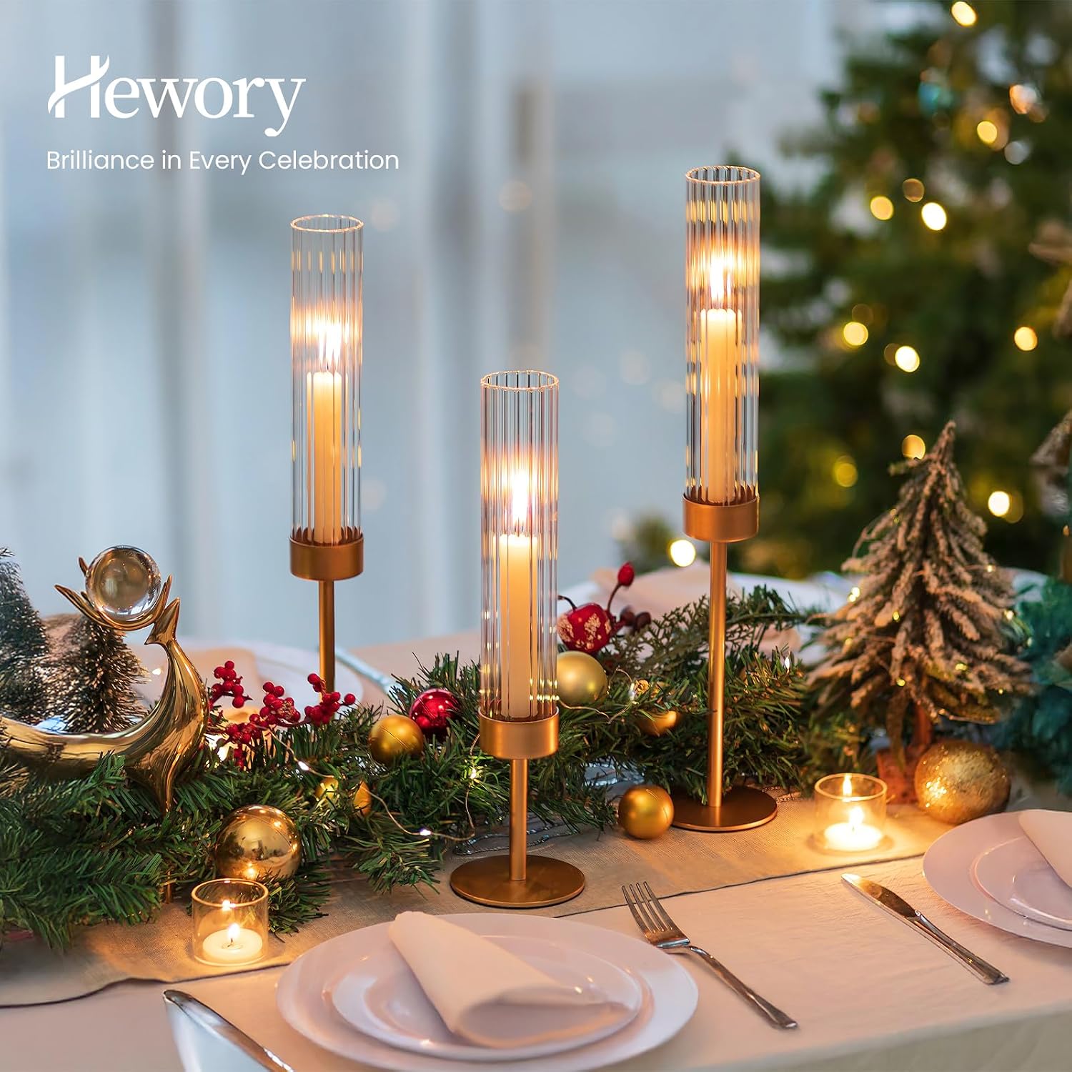 Hewory Gold Hurricane Candle Holder: 6PCS Candlestick Holders for Decor | Ribbed Glass, Brass Taper Candle Holders at 3