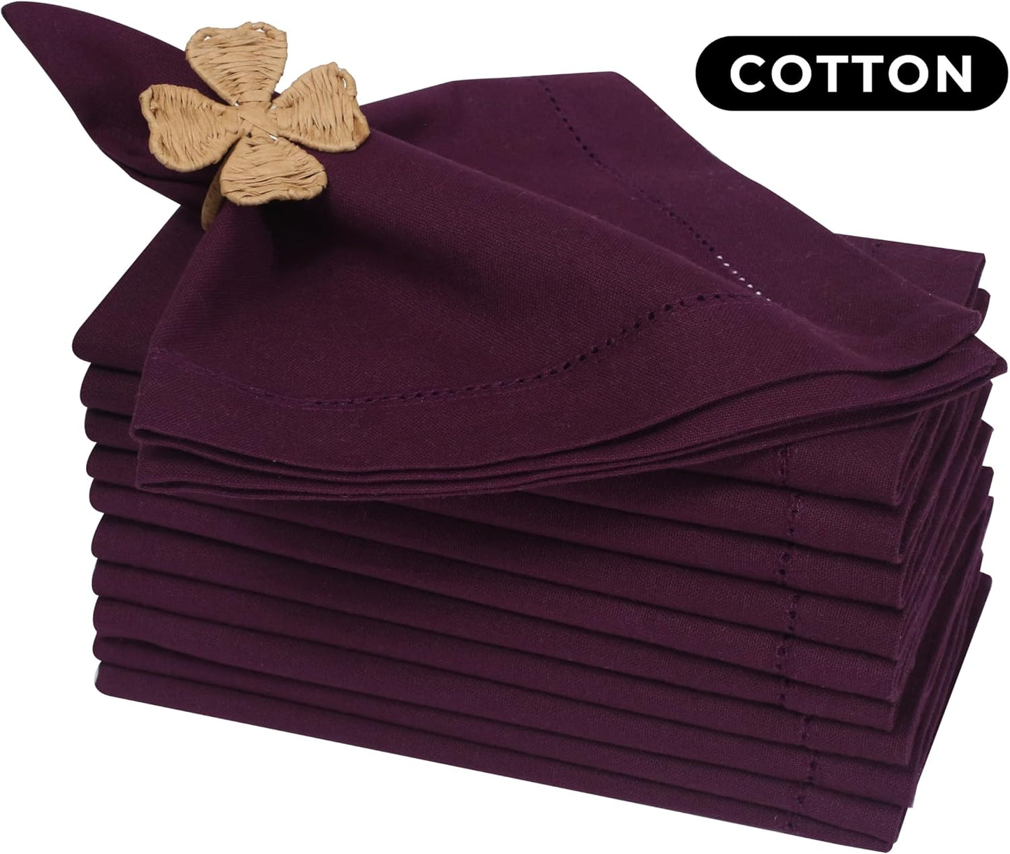 Bedding Craft Cotton Dinner Napkins Set of 12, 18x18, hemstitched, Plum | Machine Washable Soft Fabric Napkins for