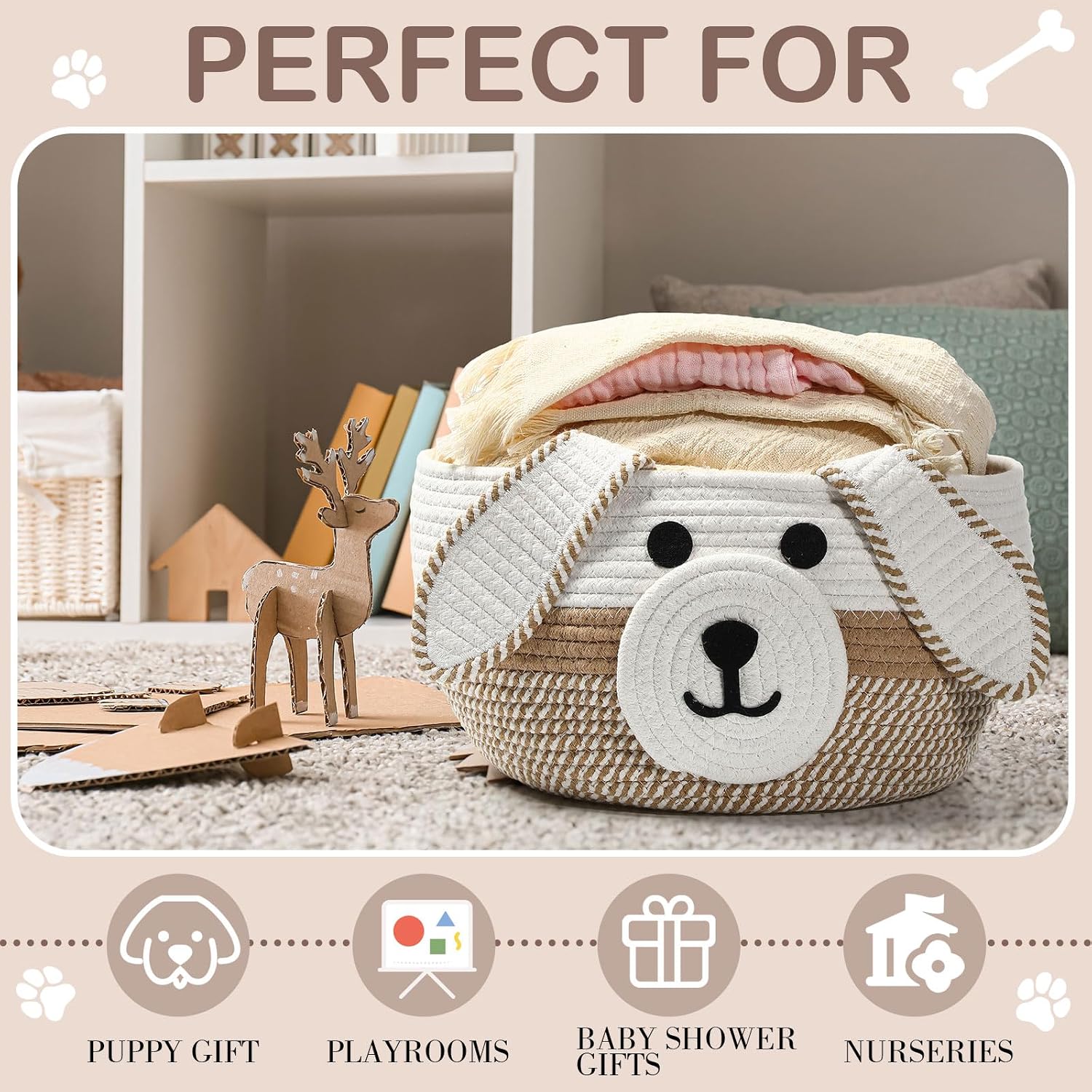 Dog Woven Basket Woven Cotton Rope Puppy Animal Storage Basket for Laundry / Khaki, White / 13 x 8