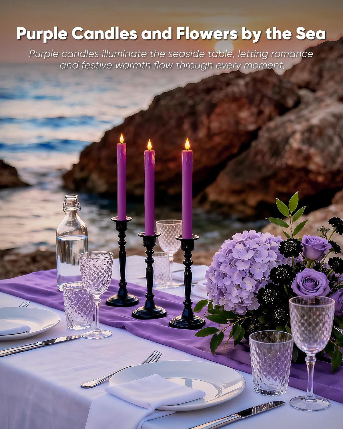 Homemory 6 Pcs Real Wax Purple Flameless Taper Candles with Remote Timer, 9.6 Inches LED Fake Candlesticks, LED Candle