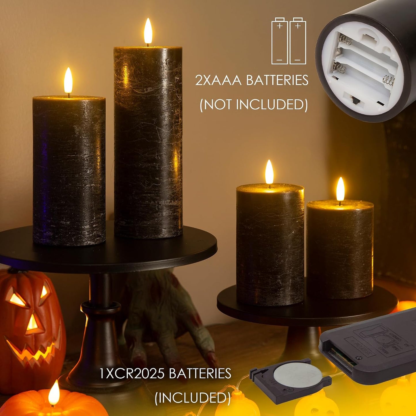 LUSHARBOR Halloween Flameless Candles, 4 Pack Battery Operated Halloween Candles with Remote, Wax LED Fake Pillar