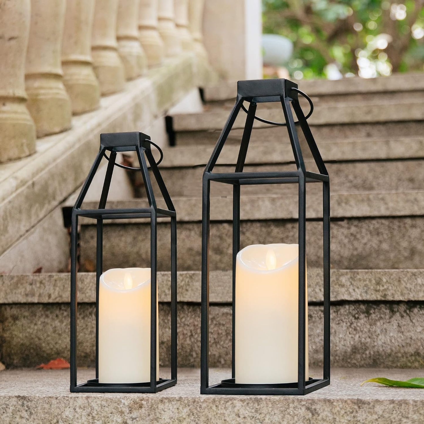 HPC Decor Black Metal Candle Lanterns Set of 2- Lanterns Decorative with Flickering Timer Candles- 17.4'' & 15'' Rustic