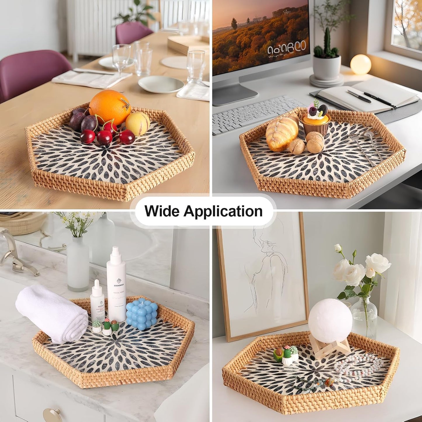 Hexagon Rattan Tray / Black Leaves