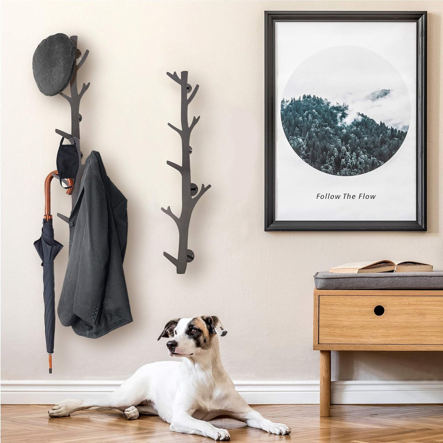 Tree Branch Coat & Hat Rack Wall Mount with 8 Vertical Hooks for Caps, Coats, Purse & More Modern Storage Dog Leash