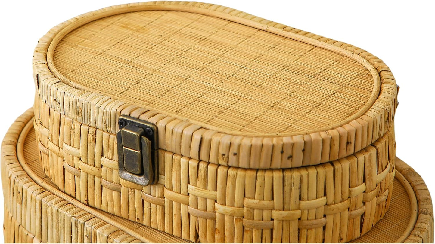 Boho Style Handwoven Cane Basket / Brown / Set of 2