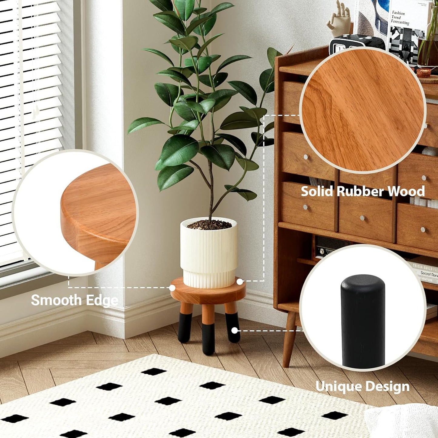 Rubber Wood 9" Round Plant Stand / 8" Tall Black