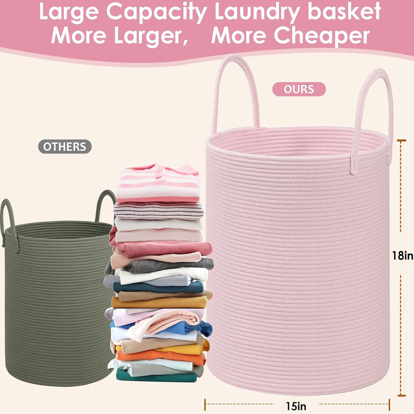 Large Woven Laundry Basket Hamper / Pink / 100L