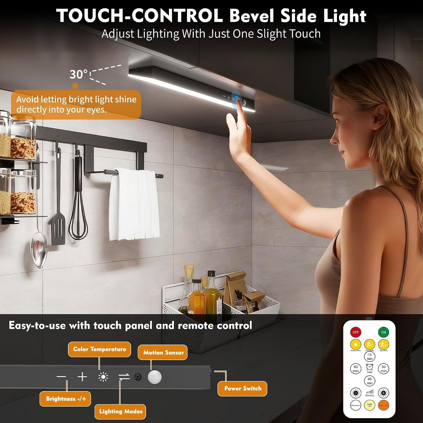 12" Under Cabinet Lights Wireless Rechargeable, Motion Sensor, 3Pack, Black | Touch & Remote Control丨160 bright
