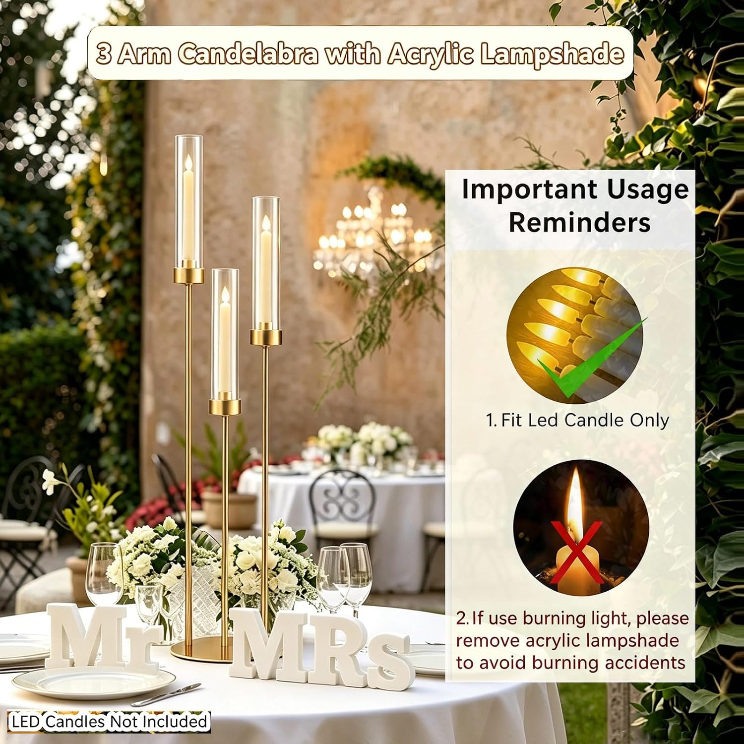 4PCS Gold 3-Arm Candelabra Centerpiece for Table 33.8in Metal | Candle Holder with Acrylic Lampshade,Fits LED Taper