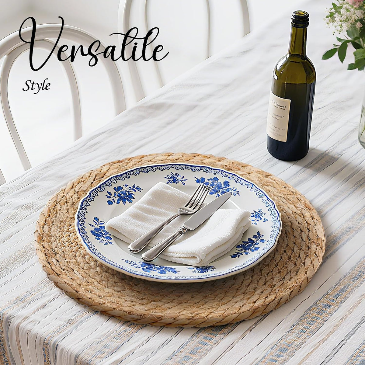 13 Inch Placemats Set of 12, Boho Round Rattan Place Mats for Dining Table Decor, Rustic Woven Chargers for Dinner