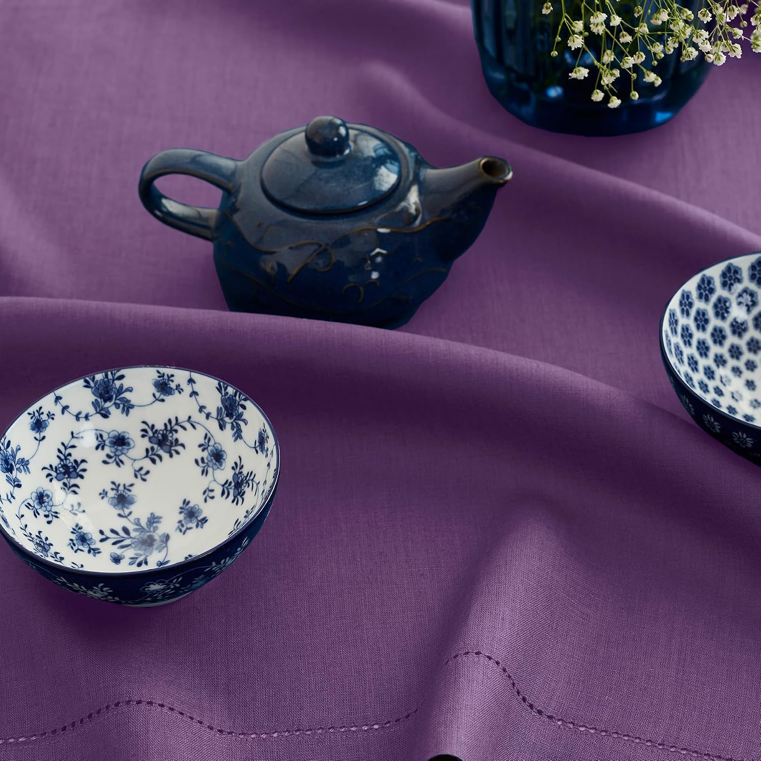 Solino Home 100% Linen Tablecloth Purple, Classic Hemstitch 60 x 108 in | Linen Table Cloth for 6-8 seater dining