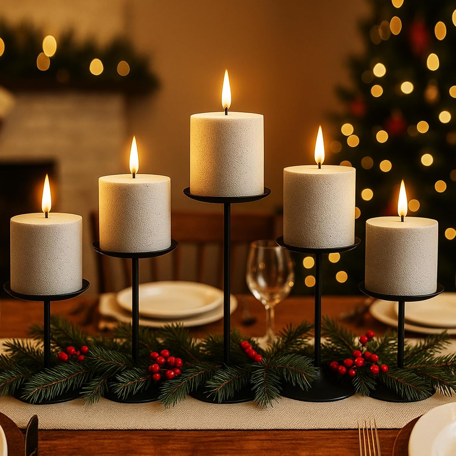 smtyle Black Candle Stands for Pillar Candles, Reversible Set of 5 | Five reversible stands create a broader tiered