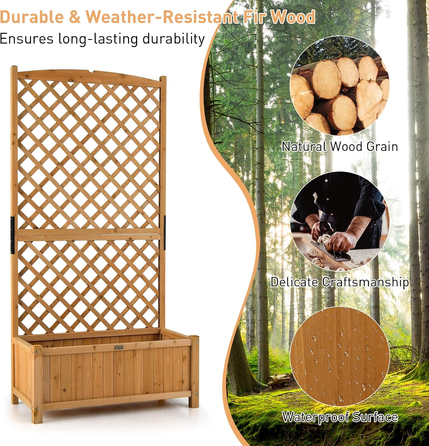 GIANTEX Planter Raised Bed with Trellis, 71" Wooden Garden Bed, High Trellis for Vine Plant Flower Climbing Pot