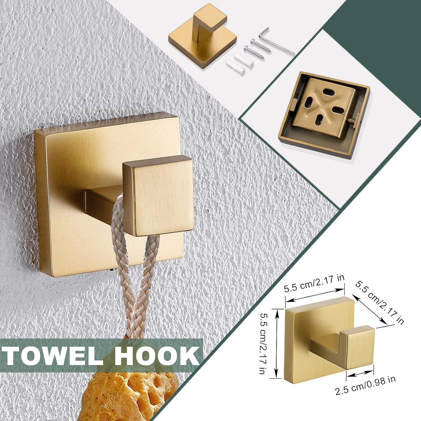 Brushed Gold Bathroom Towel Bar Sets Premium Stainless Steel 4-Piece Bathroom Hardware Set Wall Mounted Square Bathroom