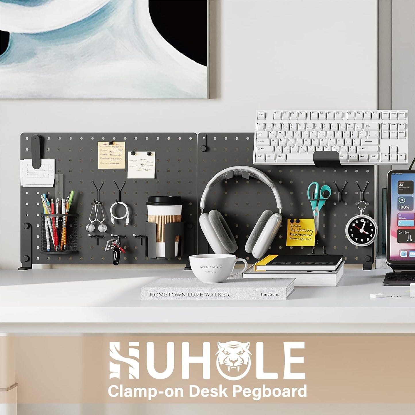 HUHOLE 32 x 12 Inch Clamp On Desk Pegboard Complete Kit | No Drill Metal Privacy Panel and Organizer with Accessories