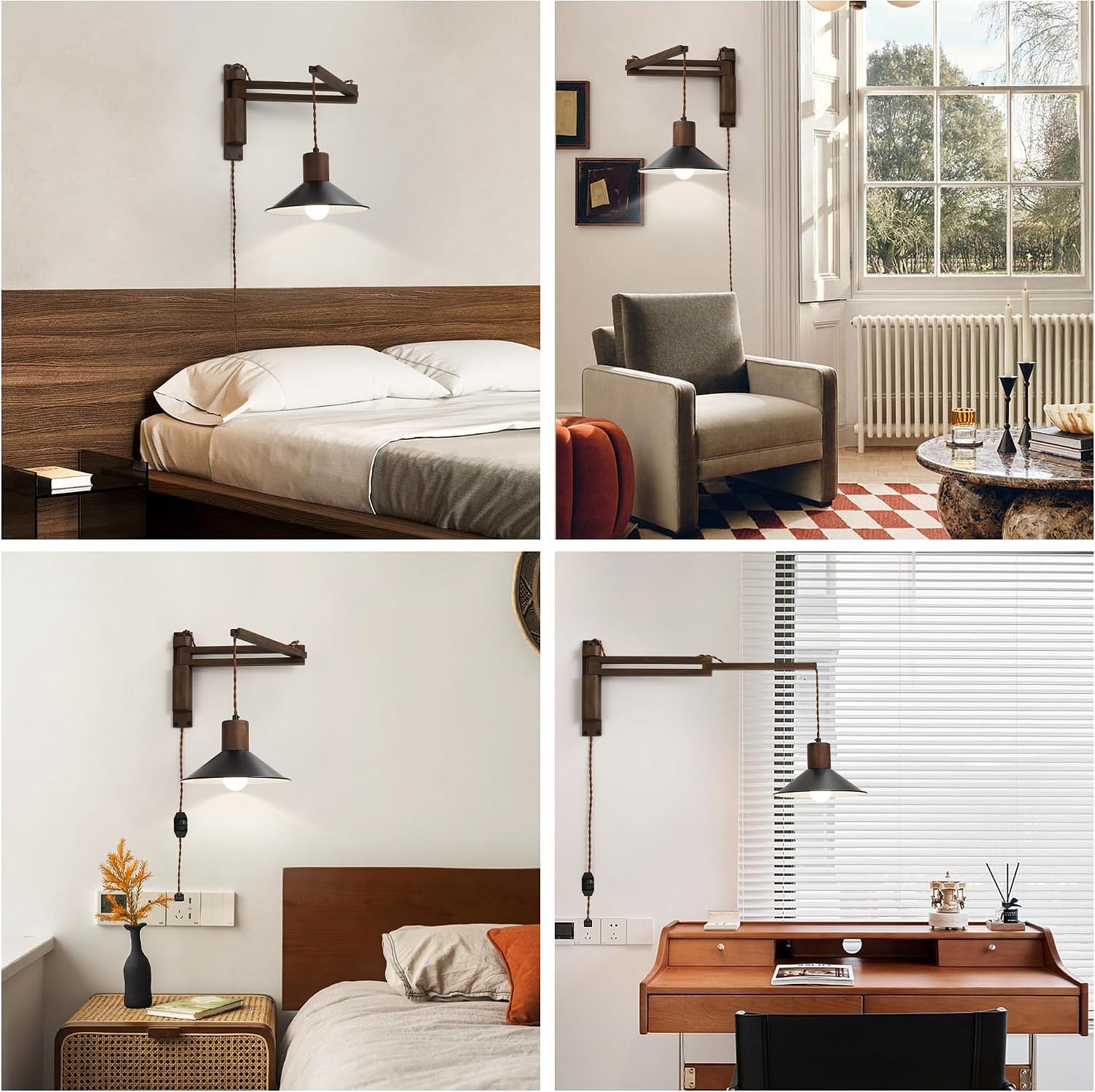 maesta Plug in Wall Lamp, Wood Swing Arm Wall Sconce for Bedroom | Swing Arm Wall Lamp, Natural Wood Finish with Corded