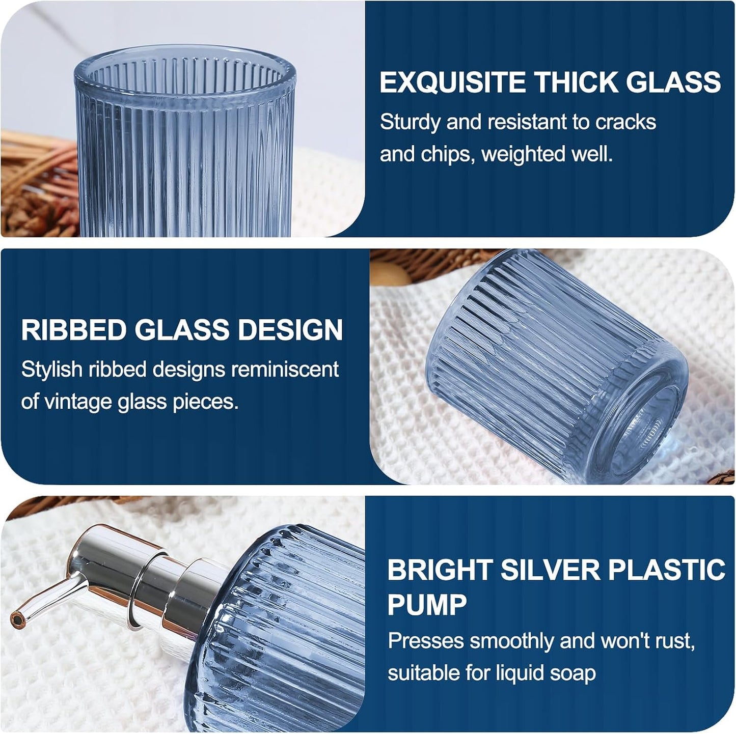 Blue Bathroom Accessories 5 Pcs, Glass Bathroom Accessory Set, Vintage Blue Bathroom Set, Royal Soap Dispenser and