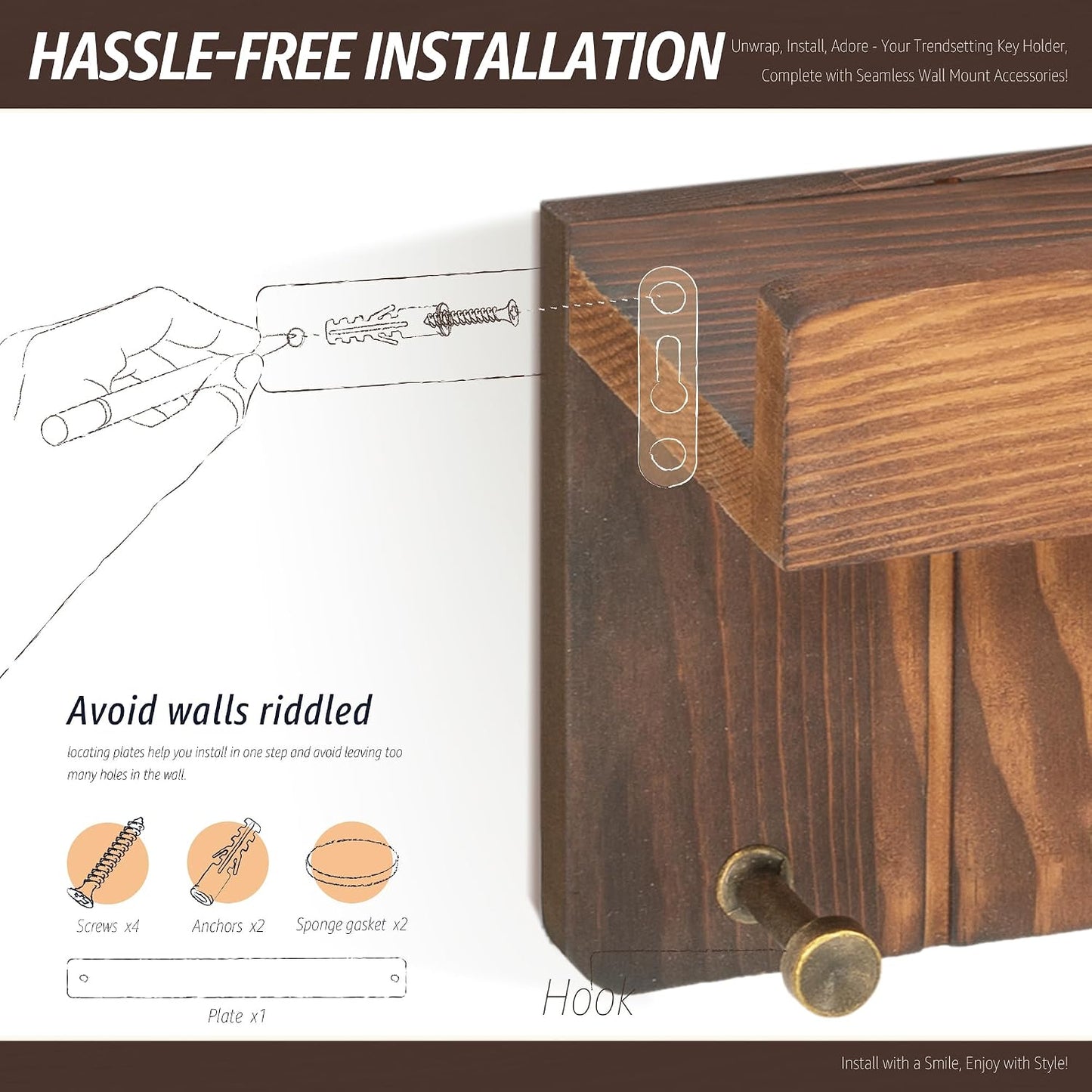 4 Hooks & Floating Shelf / Retro Brown / Small - 8 Inch