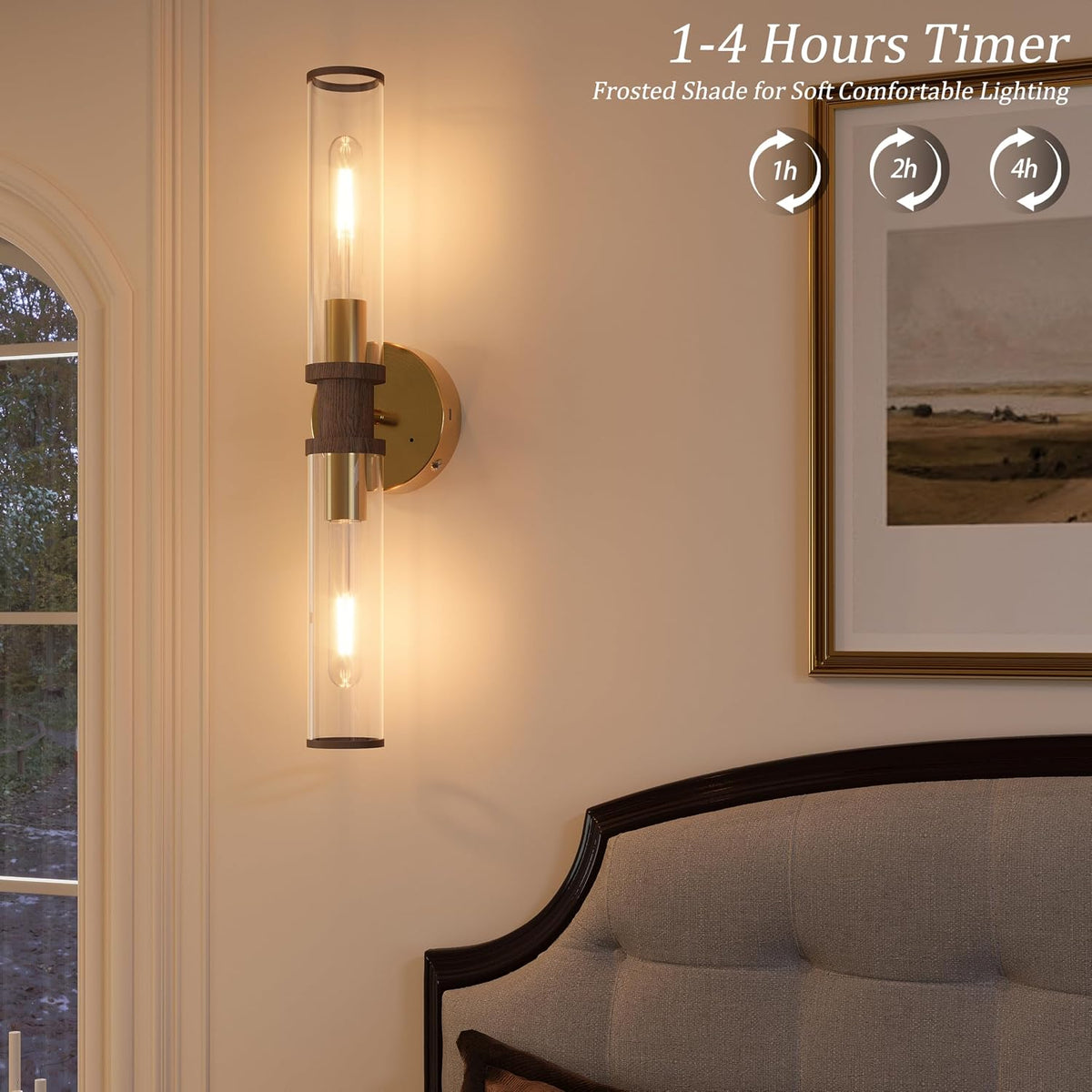 Rayogale Gold & Walnut Wireless Battery Operated Wall Sconces with Remote | Glass Rechargeable Wall Lights Set of 2