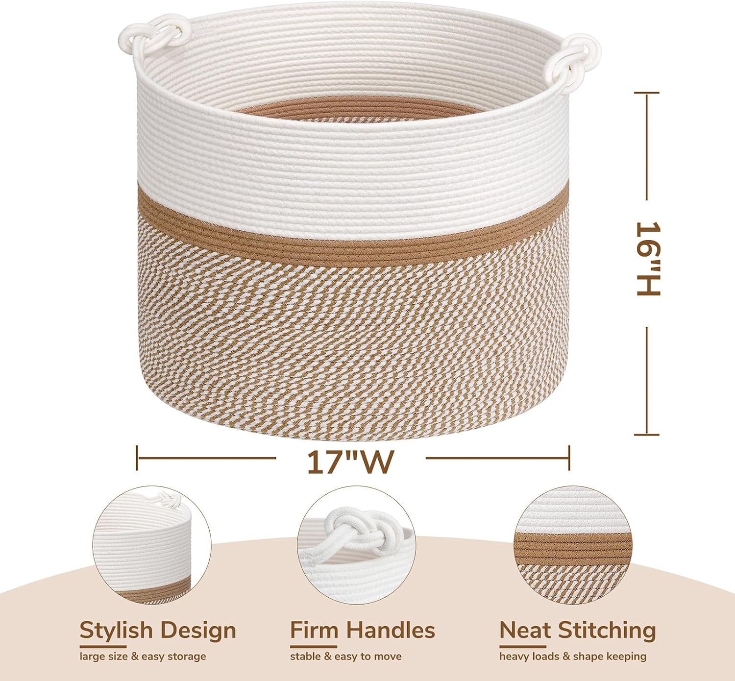 Woven Laundry Basket for Blankets Pillows Clothes / White & Brown Mix / 17 x 16