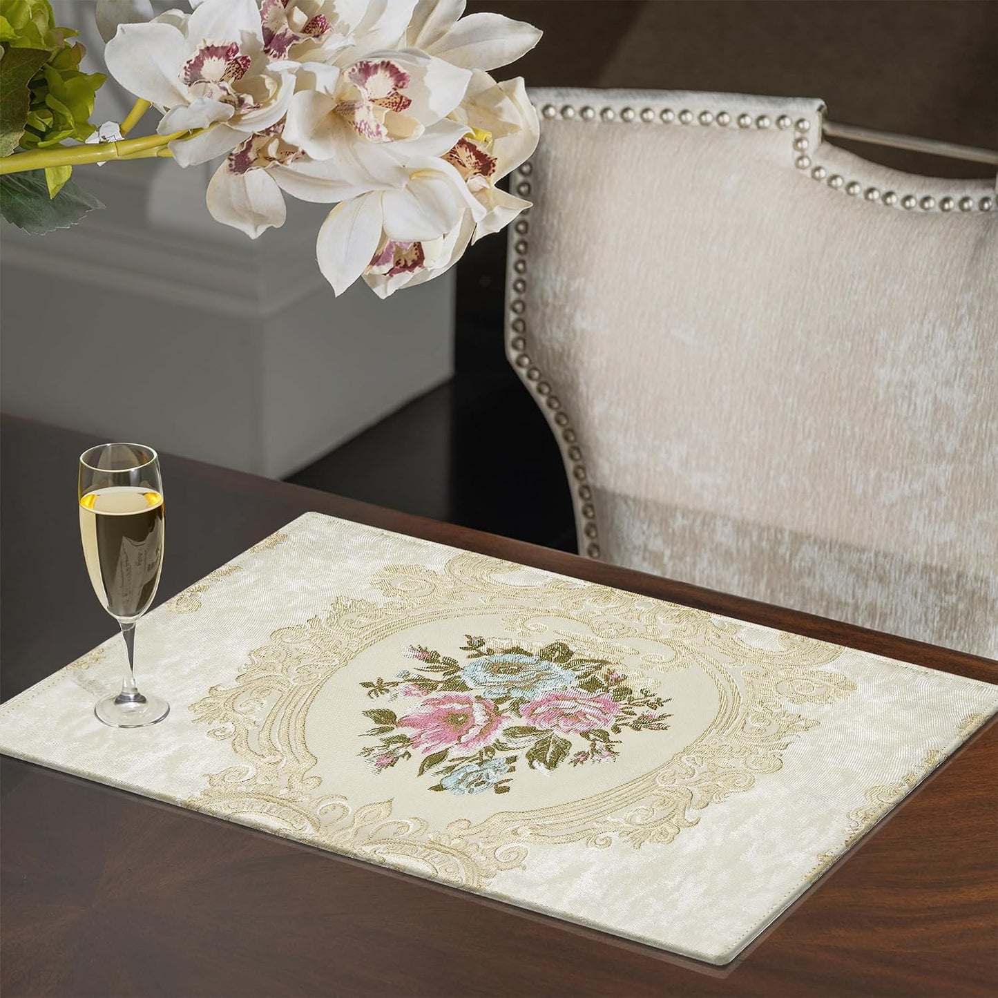 Loom and Mill Luxury Damask Placemats Set of 4, Pearly Beige, 12x18in | Elegant Jacquard Non-Slip Table Place Mats for
