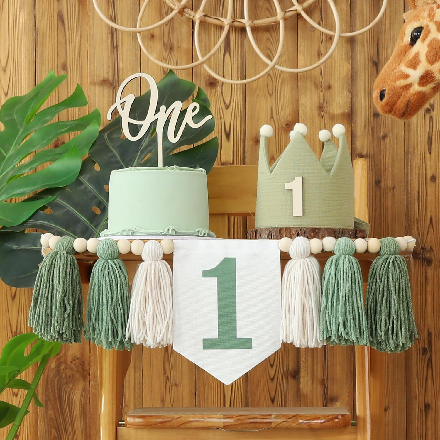 Wood Bead Tassel Garland Crown Hat Wooden Cake / Green