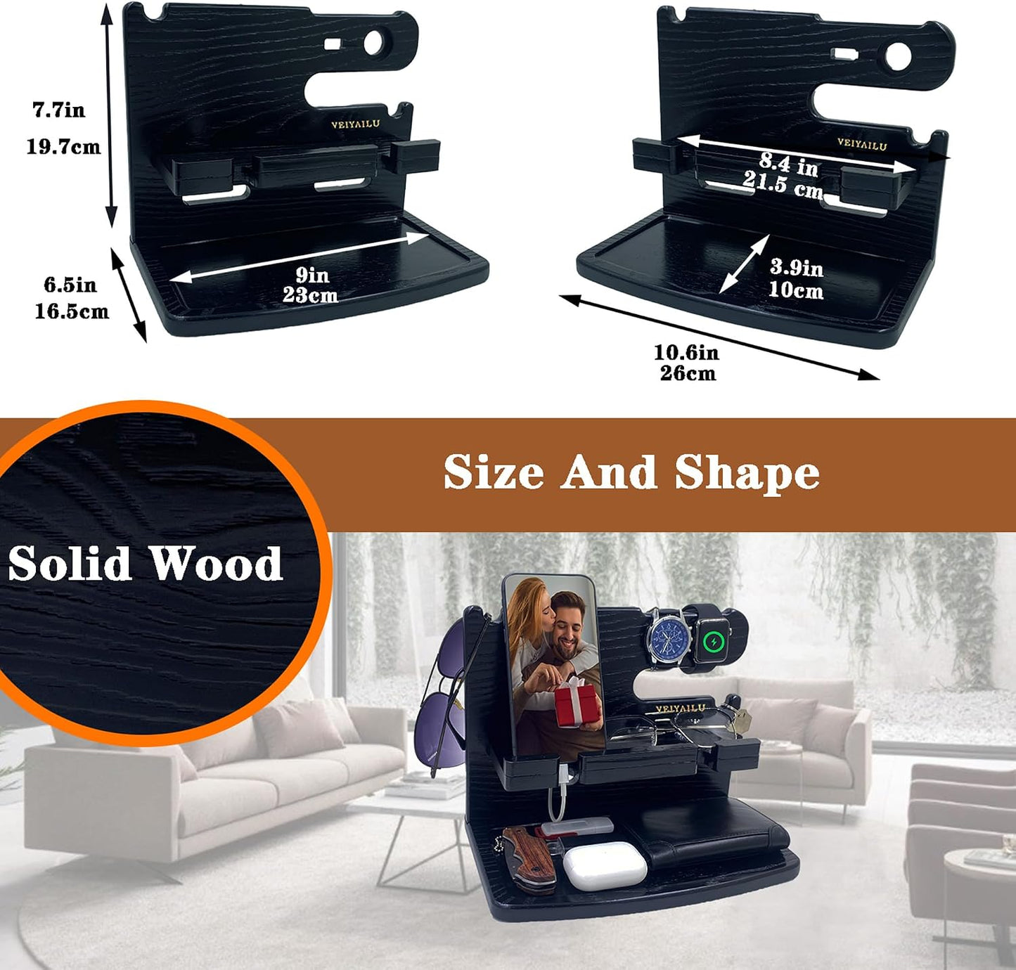 Gifts for Men Dad Women Husband Boyfriend Him Nightstand Organizer for Men Wood Phone / Black