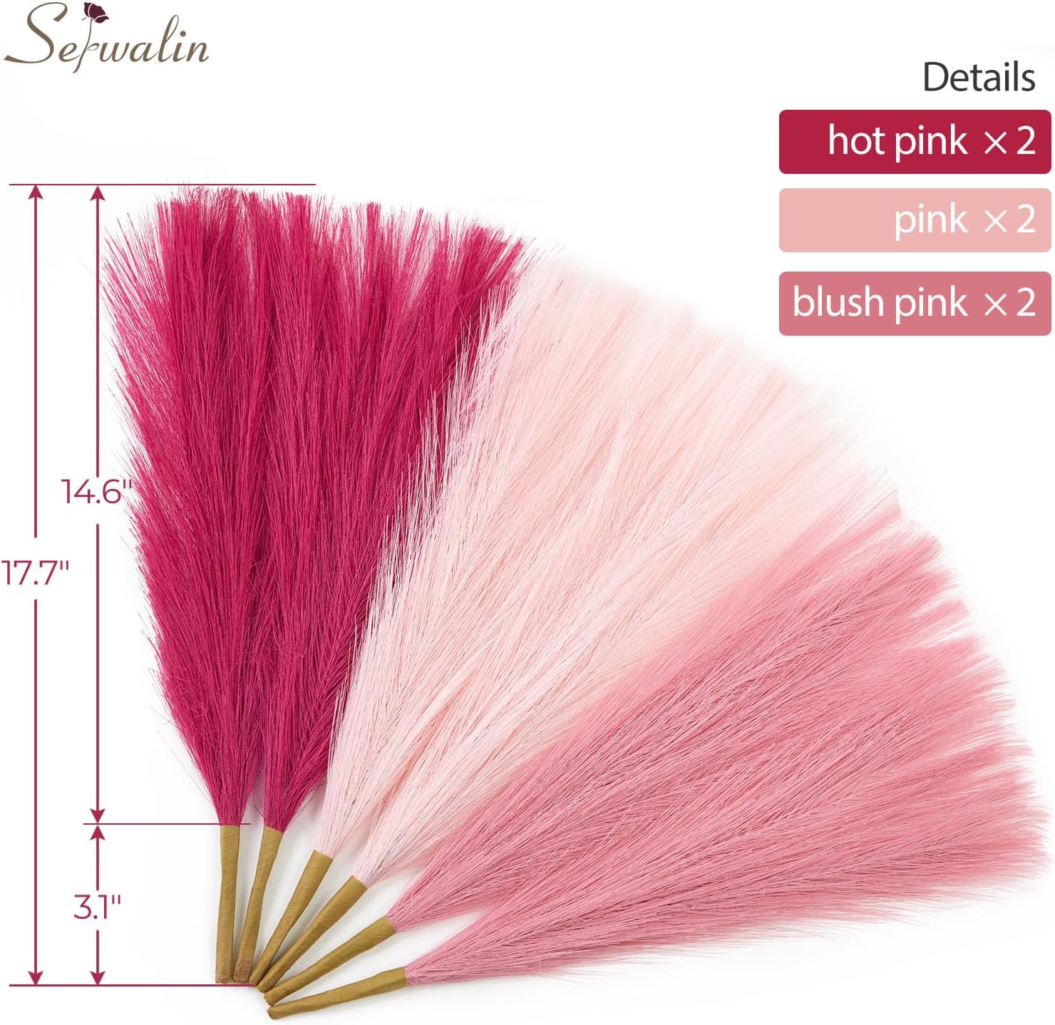 Artificial Pampas Grass / A Abby Hot Pink & Blush & Pink / 17 Inch / 17.7 Inch / Set of 6