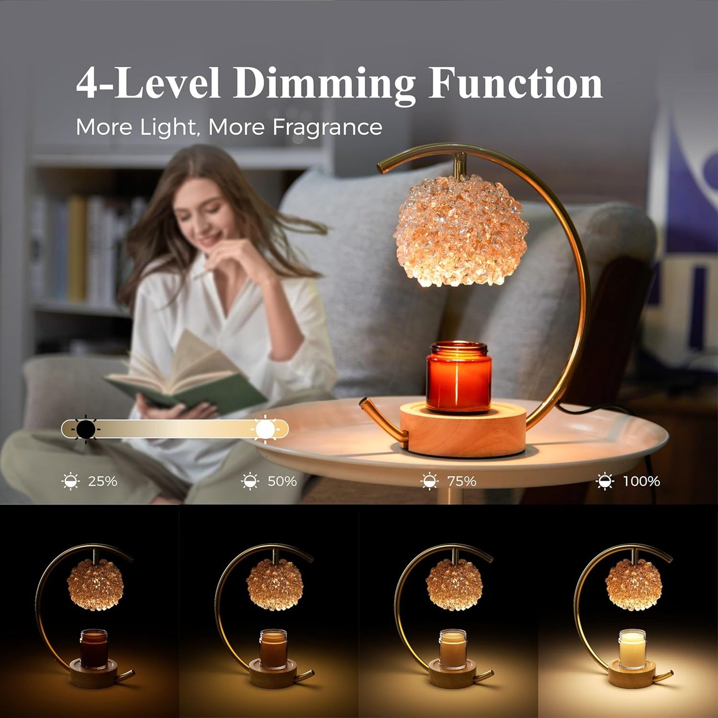 Yeuslor Gold Candle Warmer Lamp for Jar Candles with Adjustable Brightness＆Timer，Handcrafted Crystal＆Wooden Base