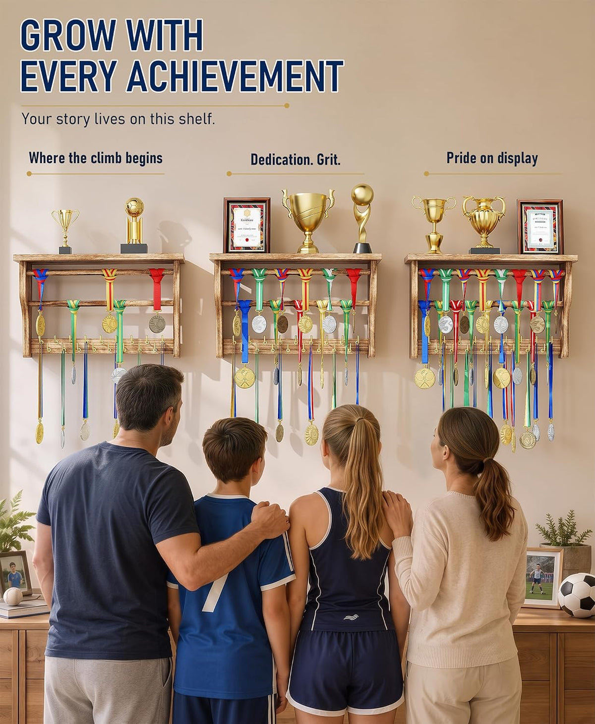 Medal Hanger Display, 3-Tier Solid Wood Trophy Shelf Rack | Medal Holder,2 Medal Bars,17 Metal Hooks,Heavy Duty