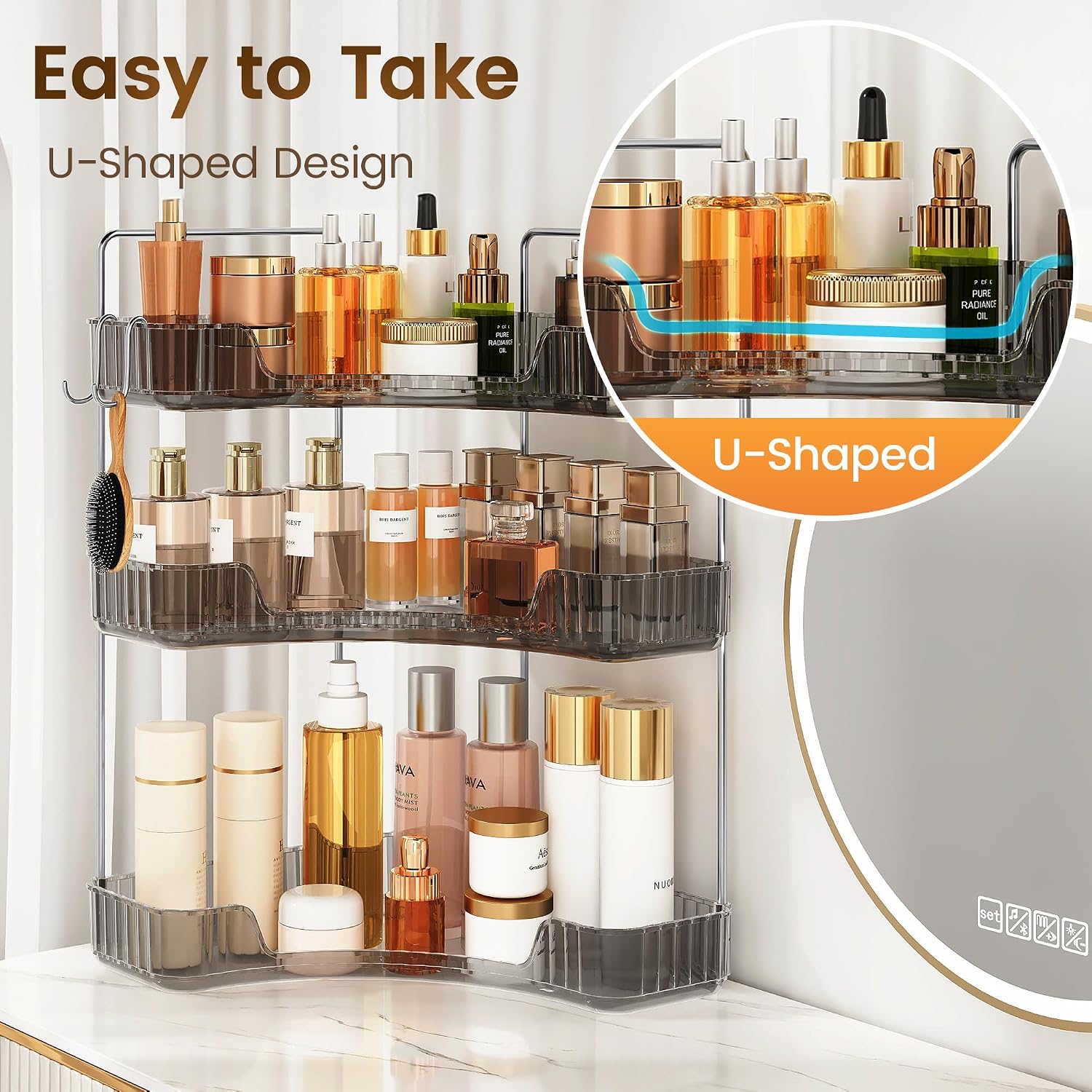Bathroom Counter Organizer 3-Tier Corner Organizer with Hooks | Gray PET Counter Storage, Multi-Purpose for Bathroom