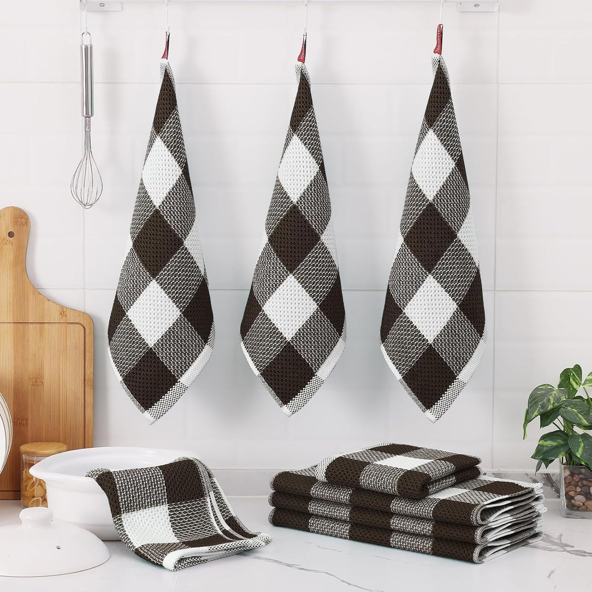 Homaxy Kitchen Towels and Dishcloths Set, Set of 16, White & Dark Brown | Bulk Cotton Waffle Weave Check Plaid Kitchen