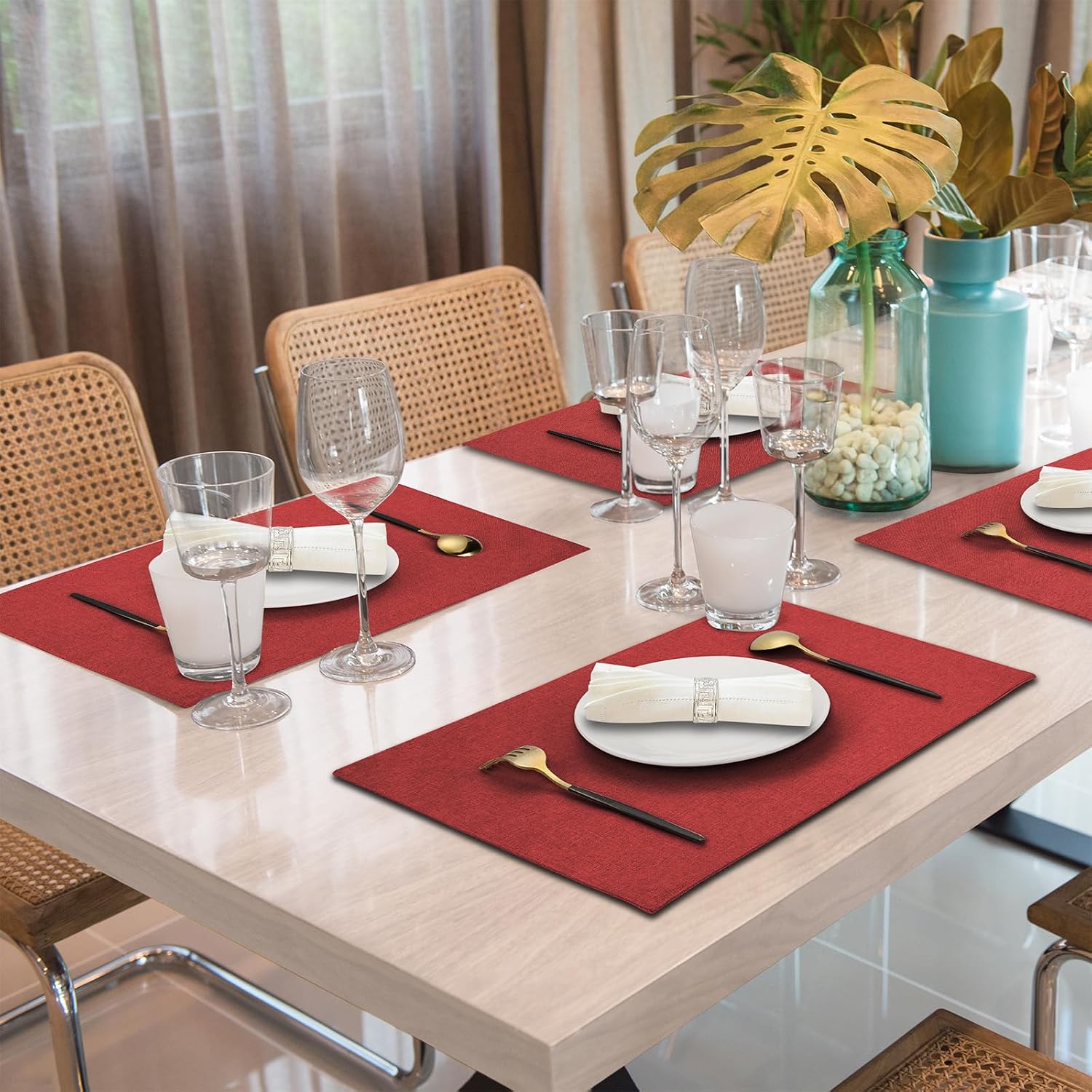 Cloth Placemats Set of 6, Cotton Linen Blend Place Mats, Red | Machine Washable, Double Layered, Heat Resistant, Fabric