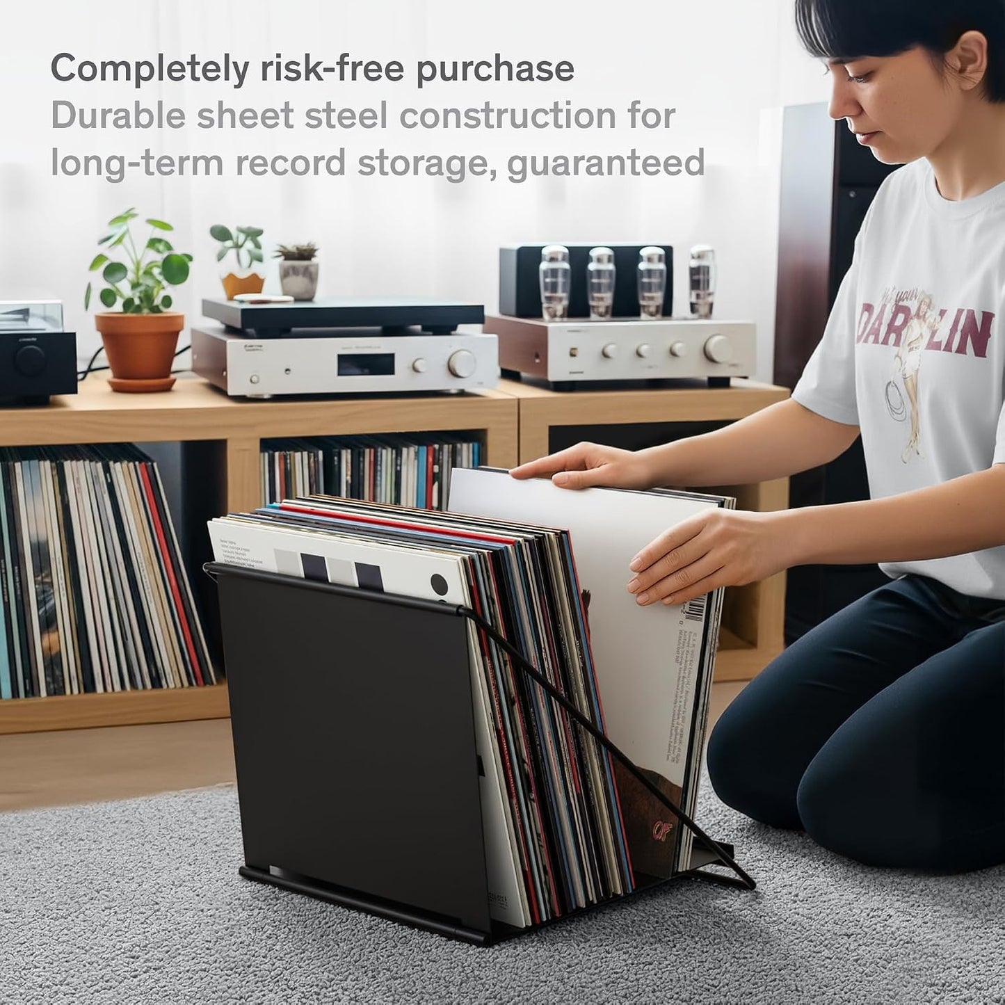 Vinyl Record Storage Rack - Record Holder for 50 LPs, Black | Solid Steel Powder-Coated Finish - Patented Fold-Flat