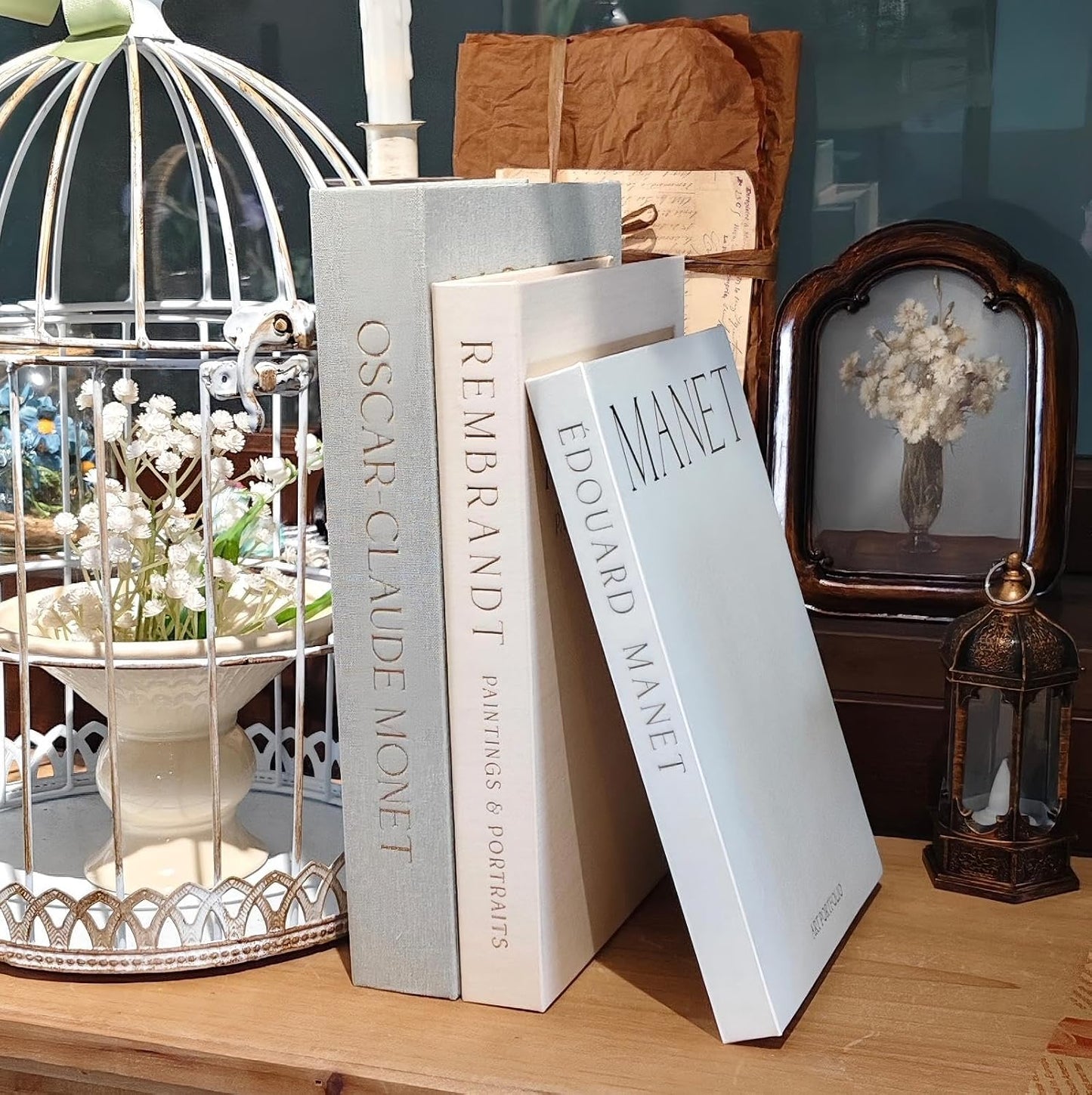 Fake Faux Books / Linen Sage-beige-white / Set of 3