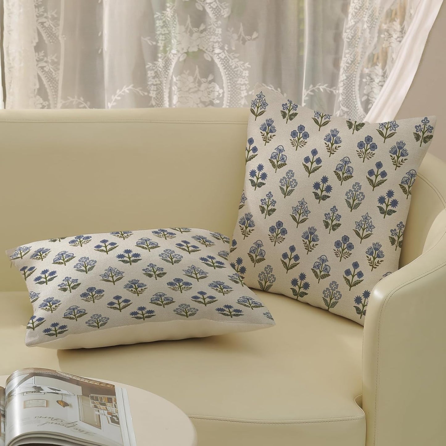 Blue Green Pillow Covers Block Print Vintage / 18 x 18 / Blue Green Block Print Floral / Set of 2