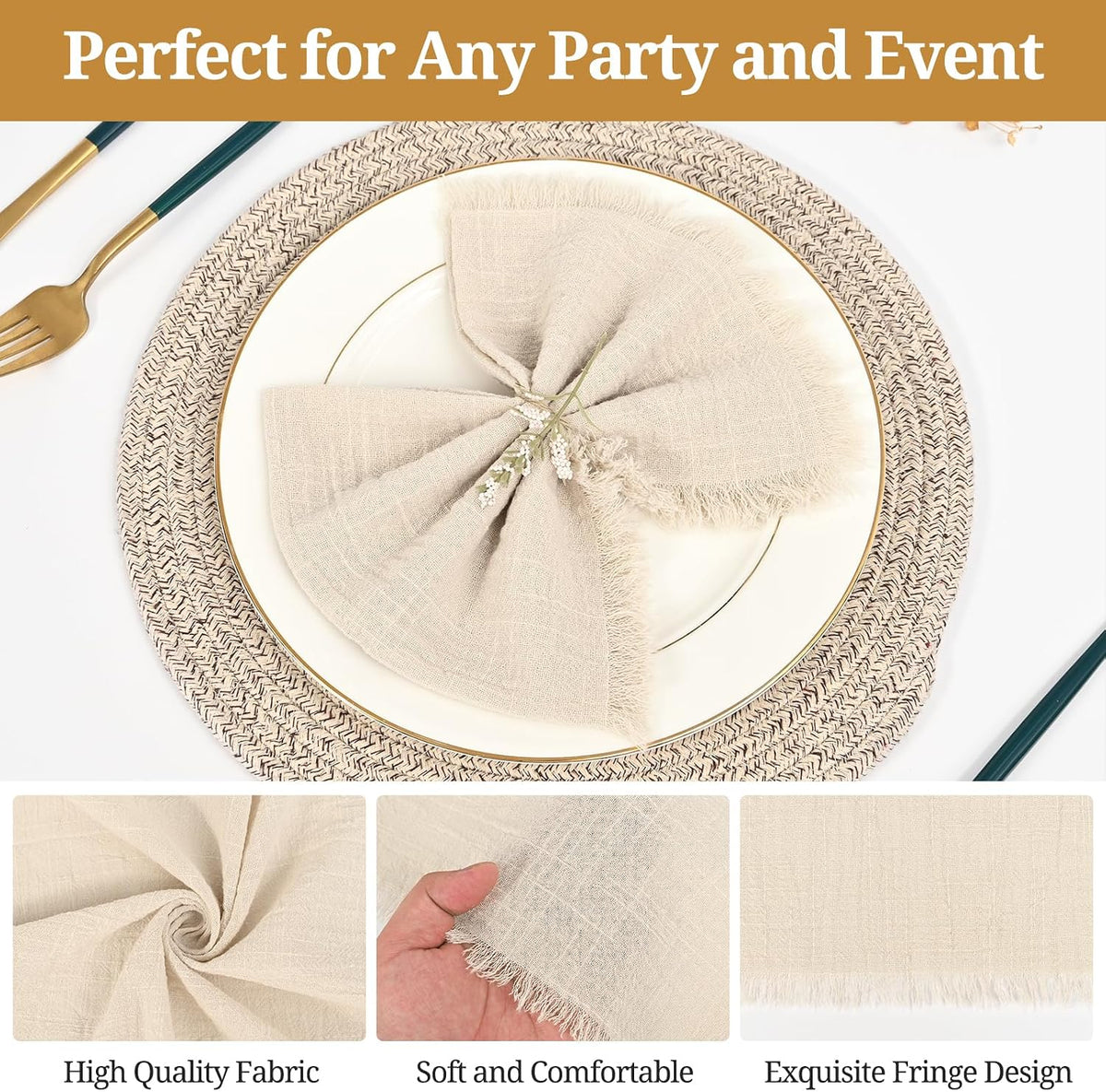 36 Pack Line Cloth Napkins, 12 x 12 Inch Cotton with Fringe Settings | Handmade washable reusable cotton dinner napkins
