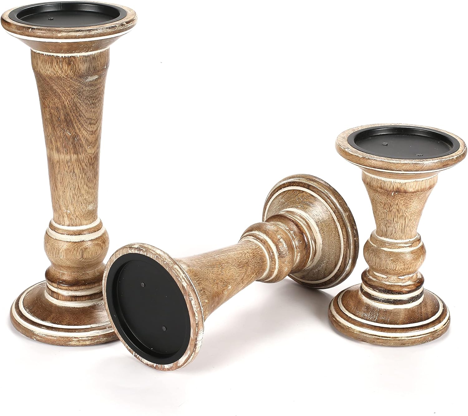 Homebia Design White Wash Mango Wood Candle Holder Set of 3 – 10, 8, 6 Inch