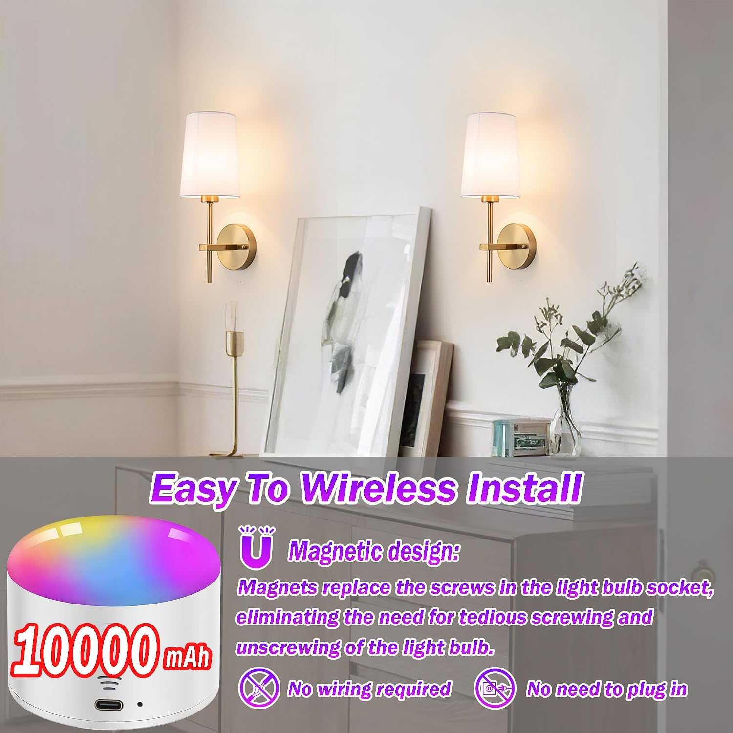 Battery Operated Wall Sconce Set of 2, Wireless Dimmable Battery Powered Wall Lamp with Remote Control,battery Wall