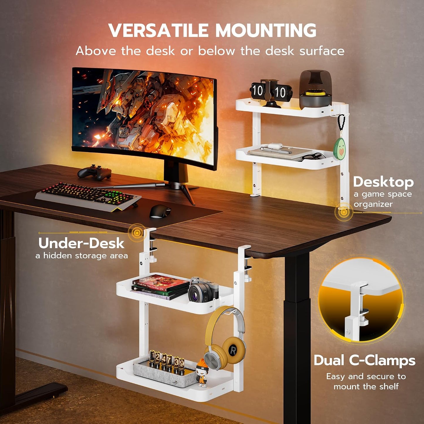 ARES WING 2-Tier 16 inch Clamp On Desk Shelf, Above or Under Desk Storage | Adjustable Desktop Organizer Shlef Holds 66